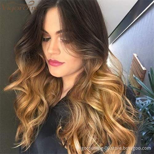 Vigorous Ombre Honey Brown Long Wavy Synthetic Lace Hair Wig Fluffy Middle Part Hairstyles Women's Cosplay Wig High Temperature